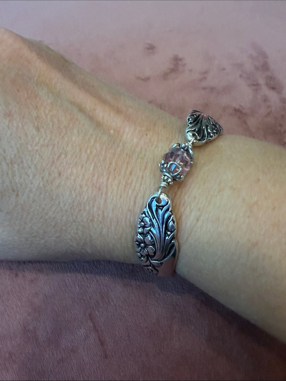 Silver-Tone Silverware Bracelet with Mauve  Crystal Bead
